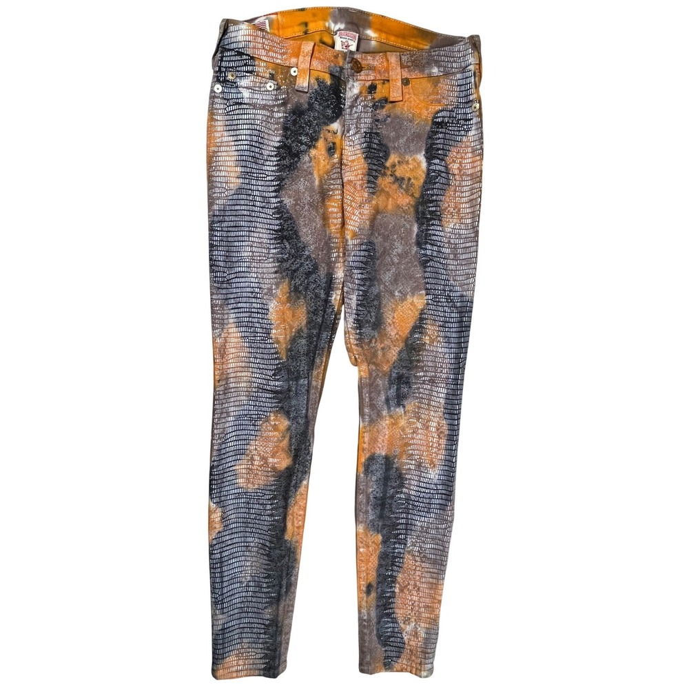 True Religion Halle Jeans Women's Sz 29 Textured Orange Black Snakeskin Print
